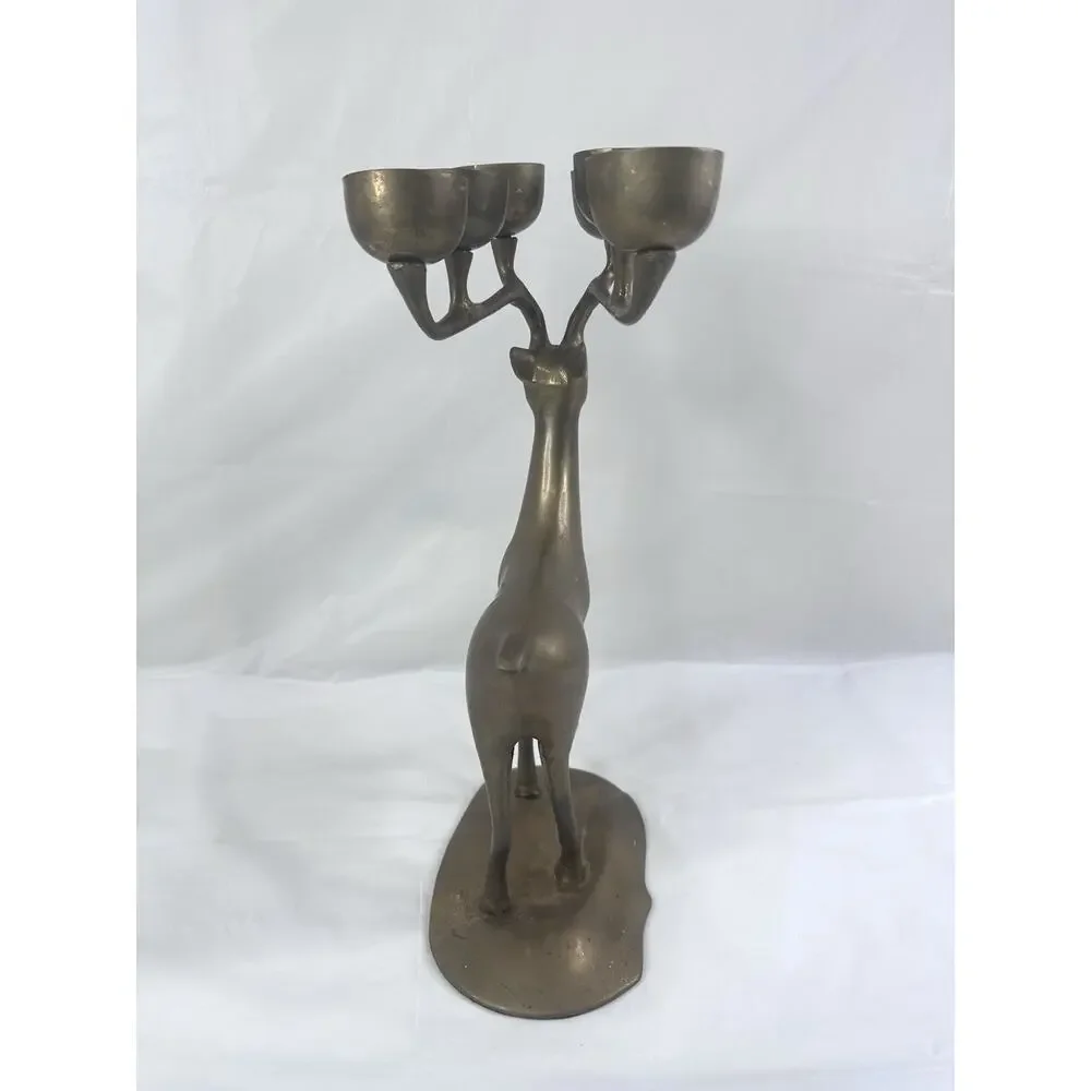 Brass Reindeer Candelabra Candle Christmas Holiday Decor Nostalgia Heavy